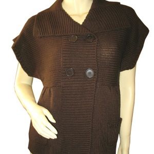 Vintage Y2K Knit Shawl Sweater Peacoat Collar Brown Cottagecore Boho Lagenlook